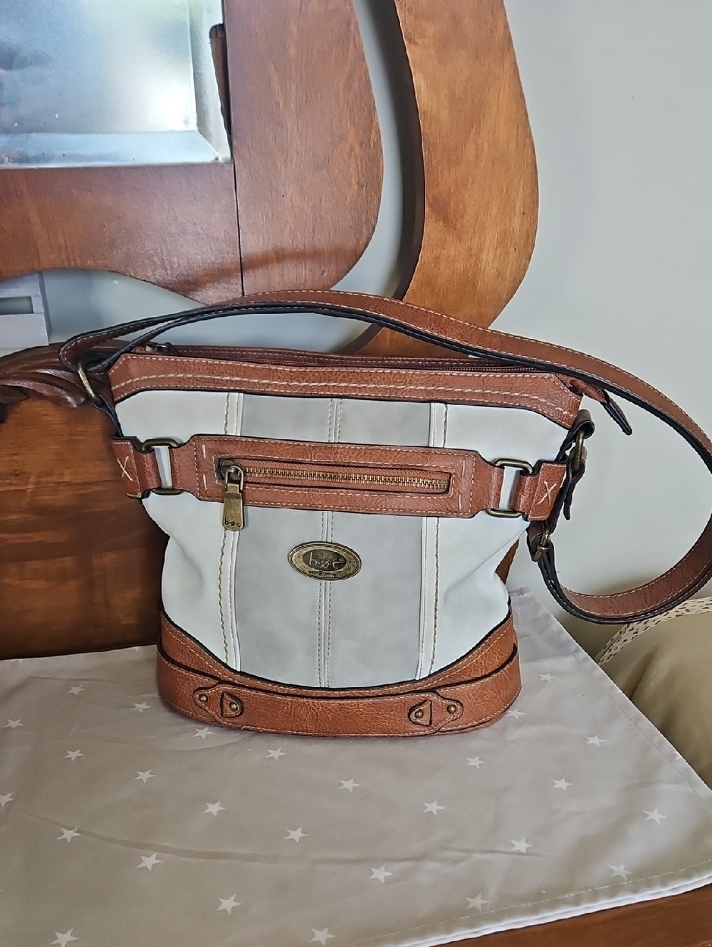 b.o.c. Cream and Brown Vegan Leather-Trim Shoulder Bag